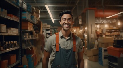 A man with a joyful expression in a warehouse setting