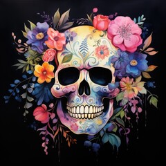 watercolor skull with flowers on black background.