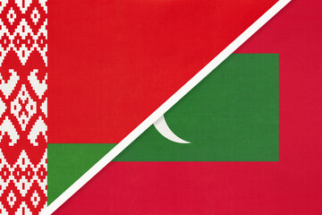 Belarus and Maldives, symbol of country. Belarusian vs Maldivian national flags.
