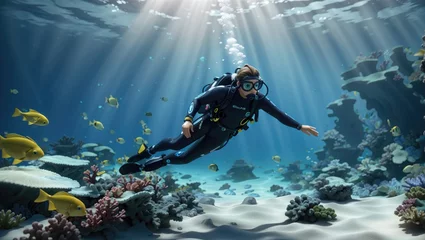 Foto op Aluminium "Oceanic Elegance: A Scuba Diver's Enchanted Journey" © MDRifatHossain