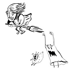 Cute cartoon ghost, witch on a broom and funny scared squirrel
