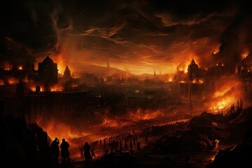 Obraz premium a city near flames and soldiers