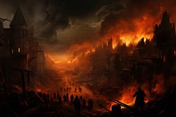 a city near flames and soldiers