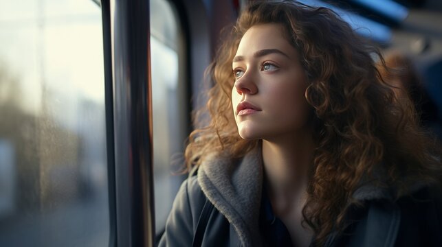 A woman gazing out of a train window, lost in thought
