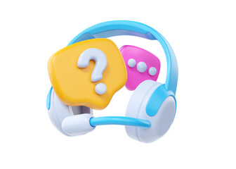 3d call center support service icon, headset with microphone and question bubble render illustration