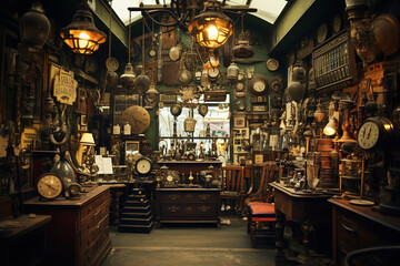 Inside a vintage shop filled with eclectic antiques - obrazy, fototapety, plakaty