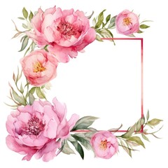frame of watercolor peony flowers and leaves on white background. - obrazy, fototapety, plakaty