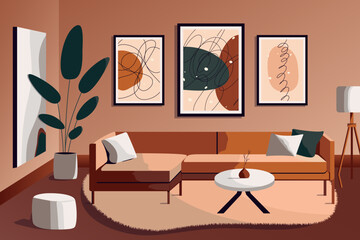 Living room interior design. Cartoon cozy space with posters, sofa, coffee table, house plants in Japandi style. Modern flat vector illustration