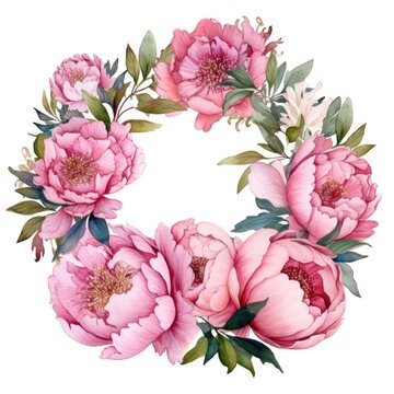 frame of watercolor peony flowers and leaves on white background.