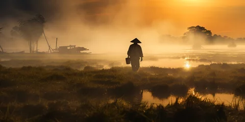Abwaschbare Fototapete asian rice farmer, sunrise landscape © CROCOTHERY