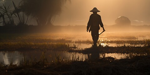 asian rice farmer, sunrise landscape