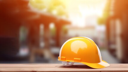 Yellow hard hat on a blurred city background with a copy space. AI generative