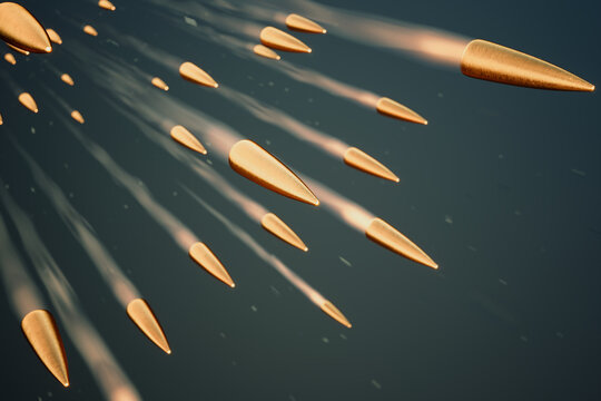 Flying bullets with smoke effect. Realistic bullets shots with smoke trace.