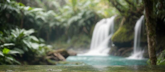 Obraz premium Empty wood table top with blur jungle background with bokeh light. Generative AI.