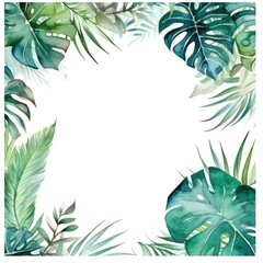 square frame of watercolor tropical green leaves on white background