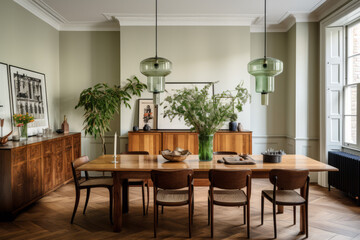 A dining room that marries tradition with modernity. An elongated wooden table is paired with mix-and-match chairs, while pendant lights hang above