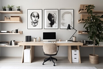 A home office that’s both functional and stylish, showcasing a black-and-white palette, ergonomic wooden furniture, organized shelving, and minimalist artwork