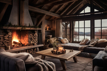 A cabin living room in the Swedish countryside, with rugged wooden beams, a roaring fireplace. Textured cushions and sheepskin throws add a touch of luxury to the rustic ambiance - obrazy, fototapety, plakaty