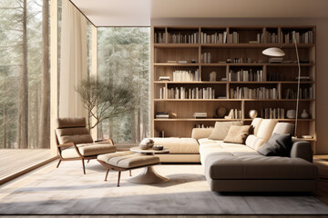 A living room boasting muted colors, minimal furnishings, and sleek wooden elements. Large windows, a soft, tufted rug and wooden square coffee table