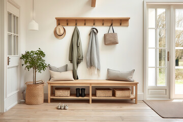 Scandinavian entrance of the home with functional hooks for coats, a wooden bench for sitting, a mirror for last-minute checks, and baskets for storing shoes - obrazy, fototapety, plakaty