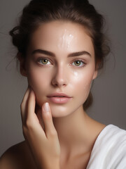 Beautiful Young Woman applying facial cream. fresh Healthy Skin, Beauty Cosmetics and Facial treatment.