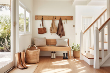 Scandinavian entrance of the home with functional hooks for coats, a wooden bench for sitting, a mirror for last-minute checks, and baskets for storing shoes