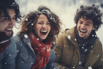 Cold Playmates: Friends Laughing in Snow Fight - obrazy, fototapety, plakaty