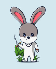 vector illustration of a cute rabbit holding a cigarette with plants around it. animal activity icon concept