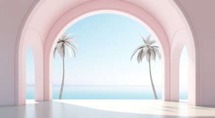 Abstract architectural design on the backdrop of the ocean with sunset and sunrise on the beach. Bright arches in the wall overlooking the sea and tropical palm trees - card for travel.	
