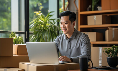 Asian man using a laptop with packaging boxes, online marketing ,delivery and SME concept.