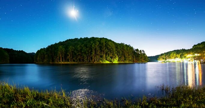 The moon sets, followed by the center of the Milky Way seys above the horizon in the early evening at Pang Ung, Mae Hong Son.