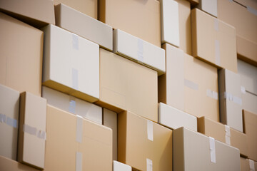 Huge pile cardboard delivery boxes. Stack of carton boxes. Parcels. Shipping.