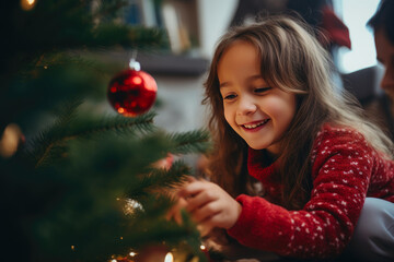 Smiling Family Shares Special Moments Decorating Christmas Tree