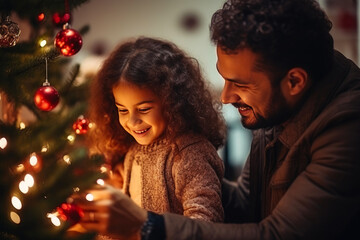 Obraz na płótnie Canvas Home Filled with Love: Parents and Daughter Decorate Christmas Tree with Joy