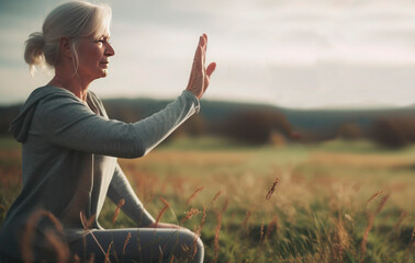 An elderly woman does yoga outdoors.