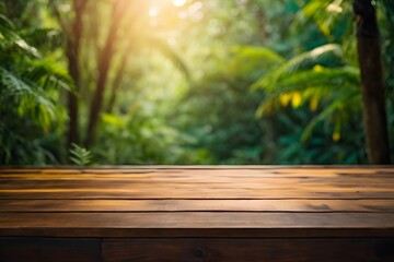 Fototapeta premium Empty wood table top with blur jungle background with bokeh light. Generative AI.
