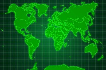Fototapeta na wymiar World map on a green grid screen