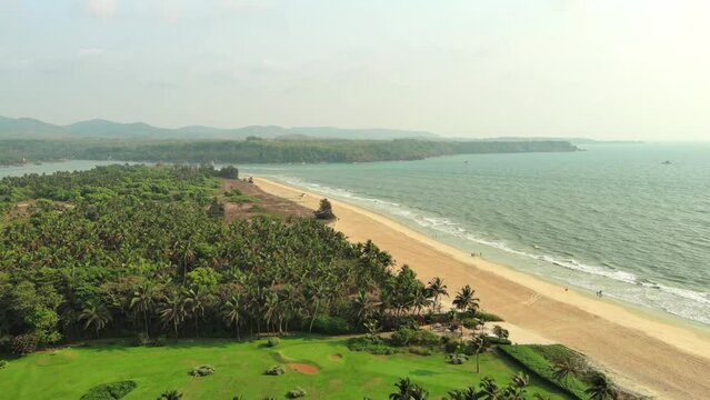 Goa, India: Aerial view of famous Indian summer resort by Arabian Sea, southern part of region with beaches Mobor, Betul and Cavelossim beach - landscape panorama of South Asia from above