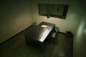 Dark, empty interrogation room seen through the one-way mirror. Investigation - obrazy, fototapety, plakaty