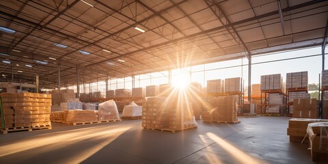 AI Generated. AI Generative. Modern warehouse room indoor box at sunset. Shipping logistic storage space. Can be used for shipping storage industry promotion - obrazy, fototapety, plakaty