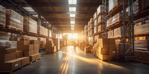 AI Generated. AI Generative. Modern warehouse room indoor box at sunset. Shipping logistic storage space. Graphic Art