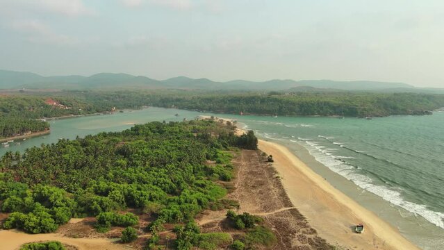 Goa, India: Aerial view of famous Indian summer resort by Arabian Sea, southern part of region with beaches Mobor, Betul and Cavelossim beach - landscape panorama of South Asia from above