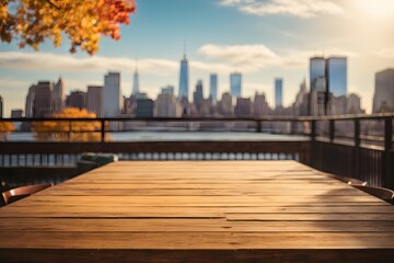 Obraz premium Empty wooden table top with manhattan view form Brooklyn in background with bokeh autumn sunlight. Geneartive Ai.
