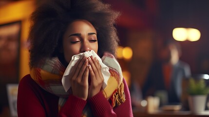 A woman in a red sweater blowing her nose