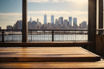 Fototapeta na wymiar Empty wooden table top with manhattan view form Brooklyn in background with bokeh autumn sunlight. Geneartive Ai.