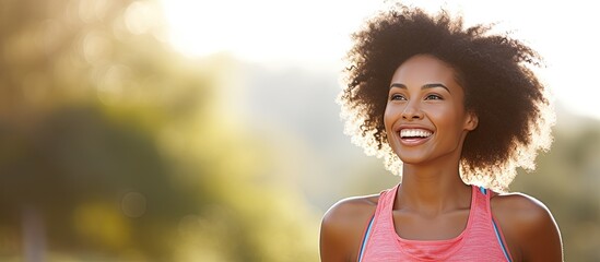 A joyful African American woman smiling while taking a break from her outdoor run enjoying nature...