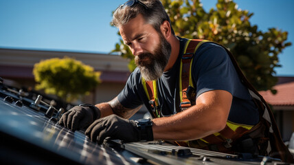Trabajador instalando paneles solares en el tejado.