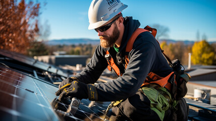 Trabajador instalando paneles solares en el tejado. - obrazy, fototapety, plakaty
