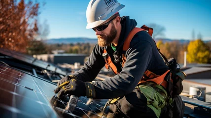 Poster Trabajador instalando paneles solares en el tejado. © Eva