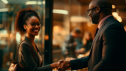 Una adolescente afroamericana experimenta su primera oferta de trabajo, un momento de un apretón de manos con su nuevo jefe